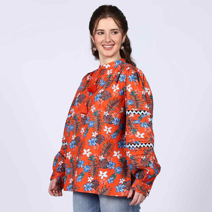 Saint orange multicolour floral cotton top for women UK, three-quarter front view.