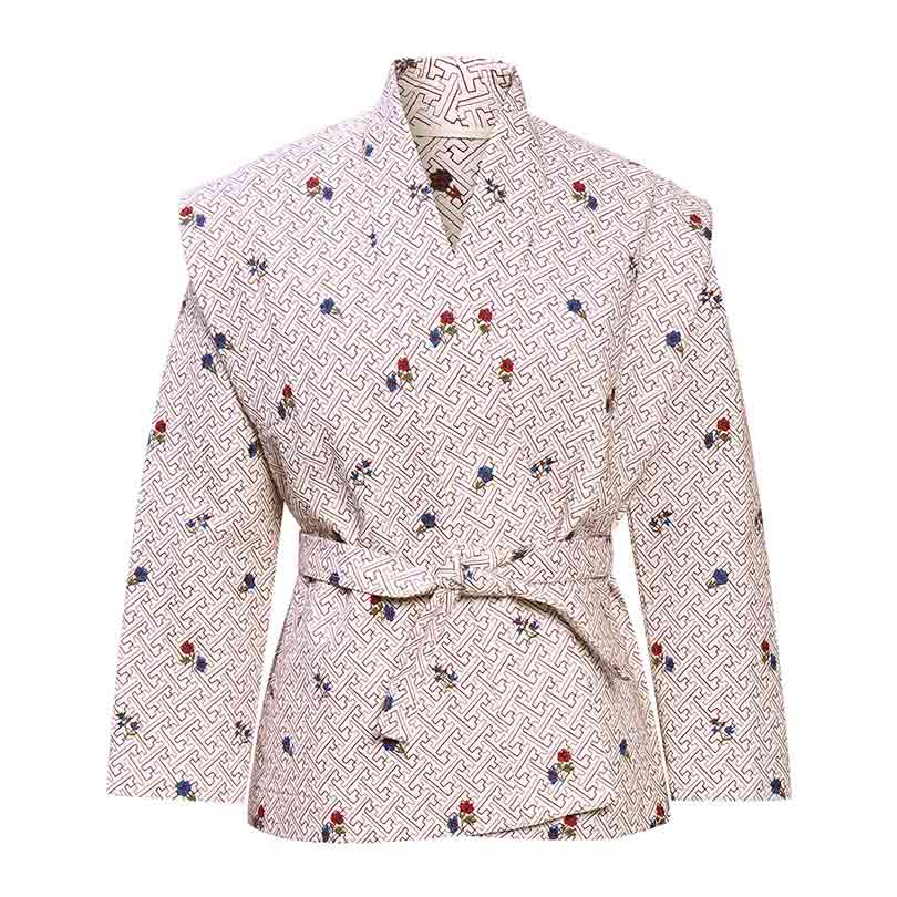 Saint Oriana beige geometric floral print wrap jacket for women UK, shown flat with tie waist belt.