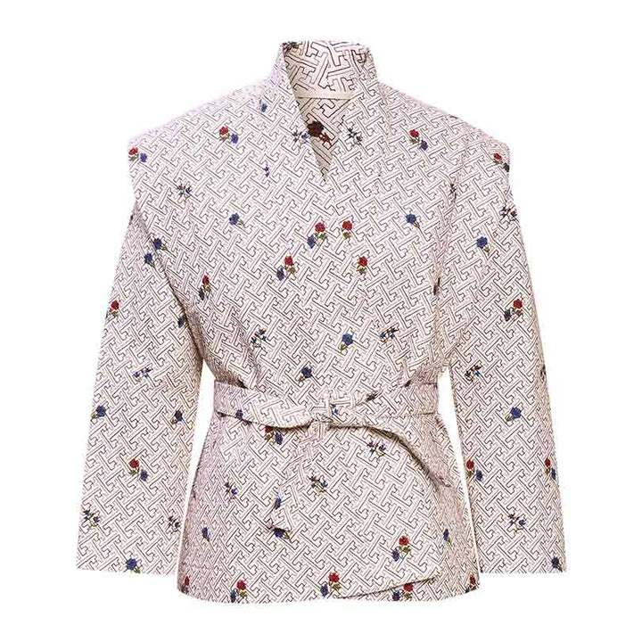 Saint Oriana beige geometric floral print wrap jacket for women UK, shown flat with tie waist belt.