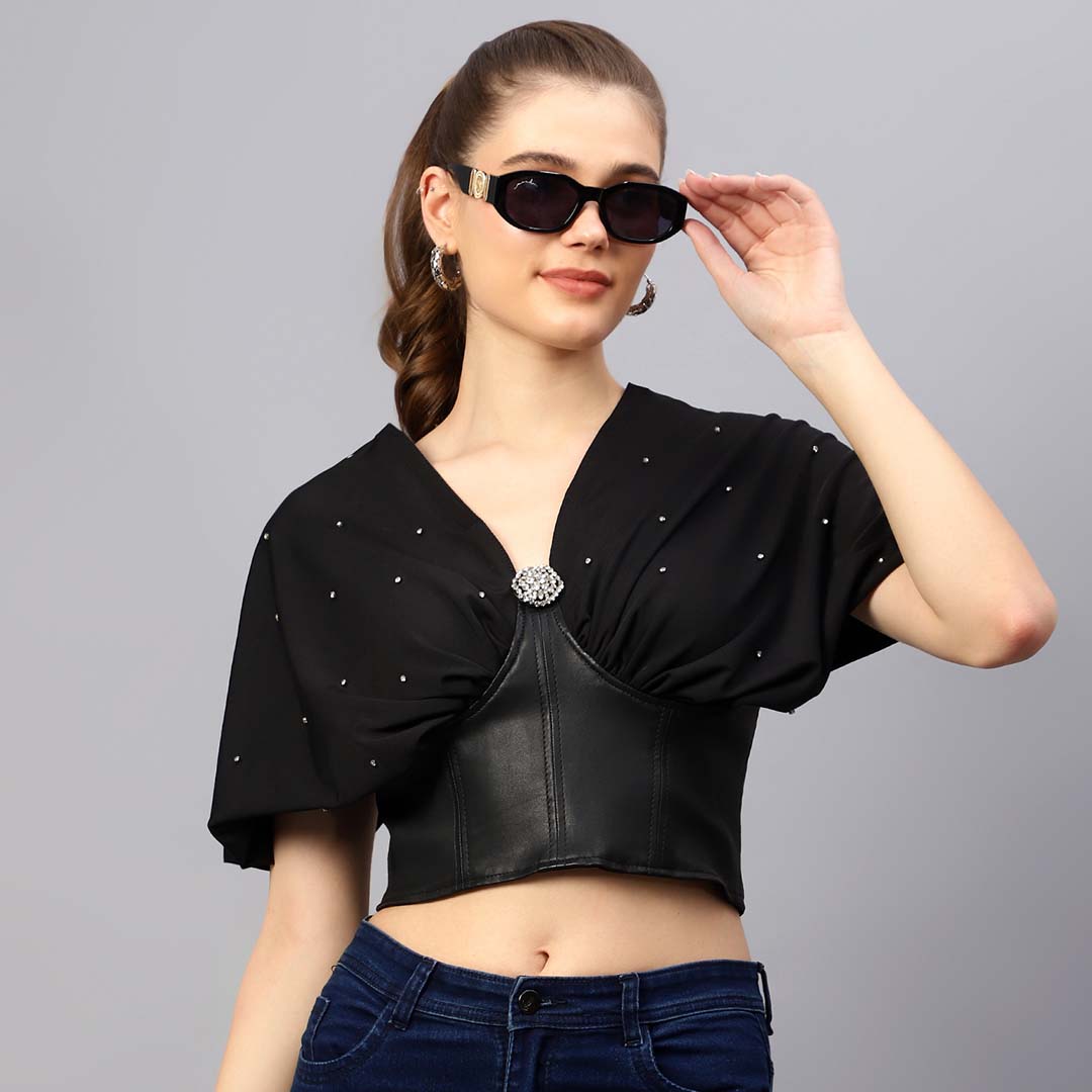 Saint Oriana black leather corset crop top for women UK, front view with diamante-studded cape overlay