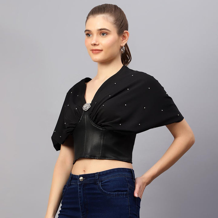 Black leather corset crop top for women UK, side view showing brooch closure