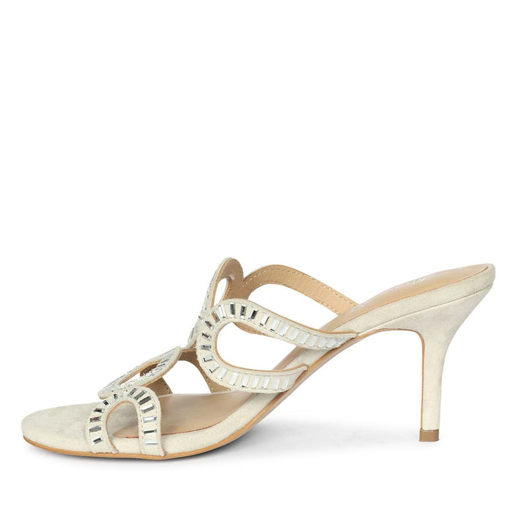 Saint Peyton Ivory Mirror Embellished Suede Heels, angled view