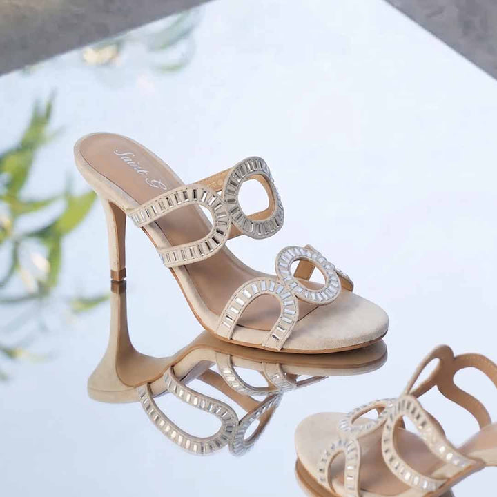 Saint Peyton Ivory Mirror Embellished Suede Heels, lifestyle view