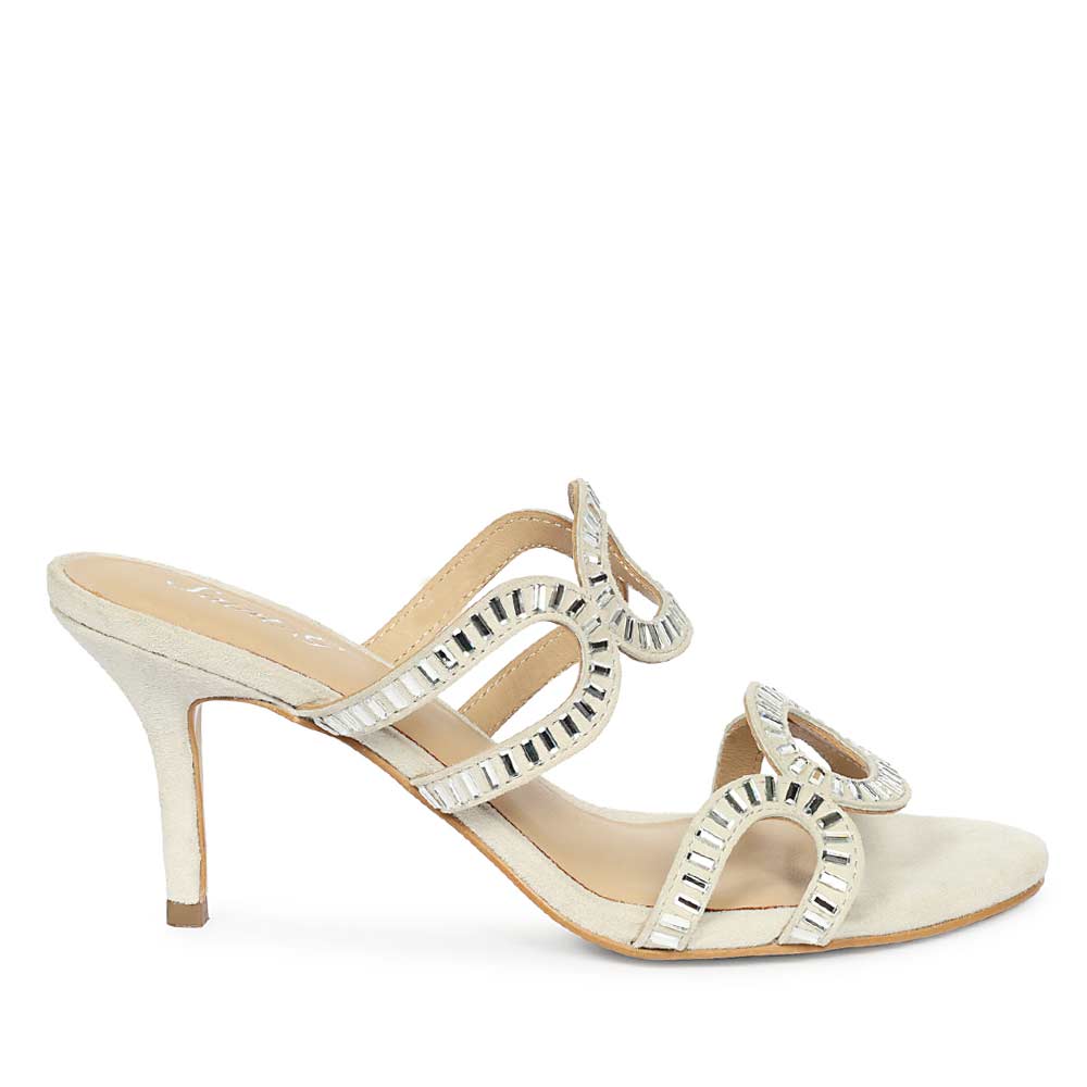 Saint Peyton Ivory Mirror Embellished Suede Heels, side view