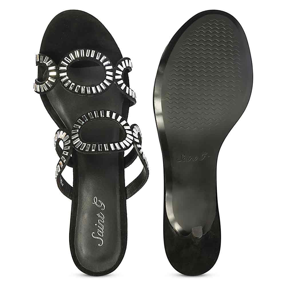 Saint Peyton Mirror Embellished Black Suede Heels, sole view