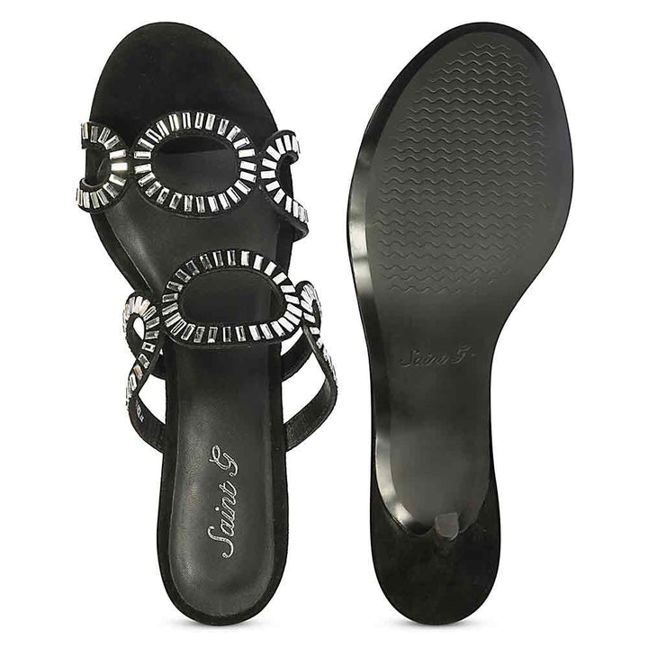 Saint Peyton Mirror Embellished Black Suede Heels, sole view