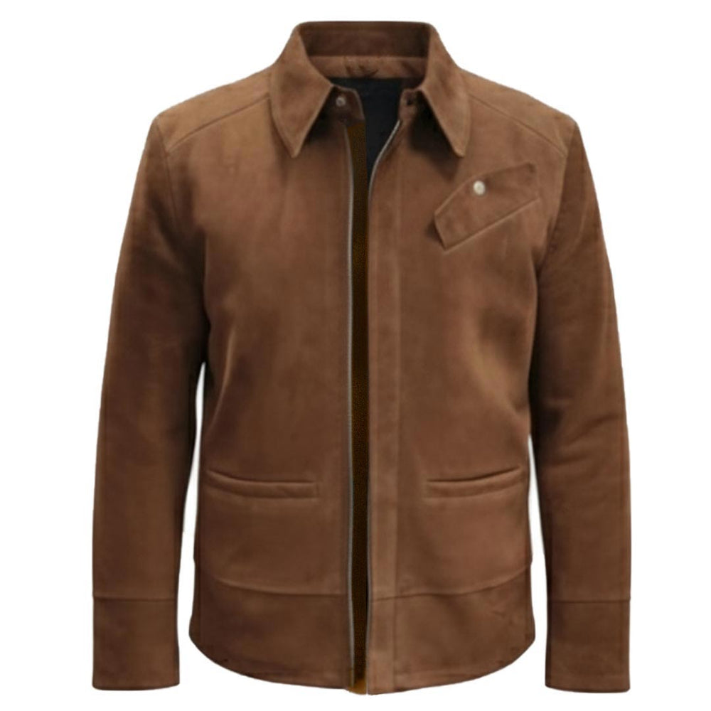 Dark-tan suede jacket with a shirt collar, shown zipped on a plain background.