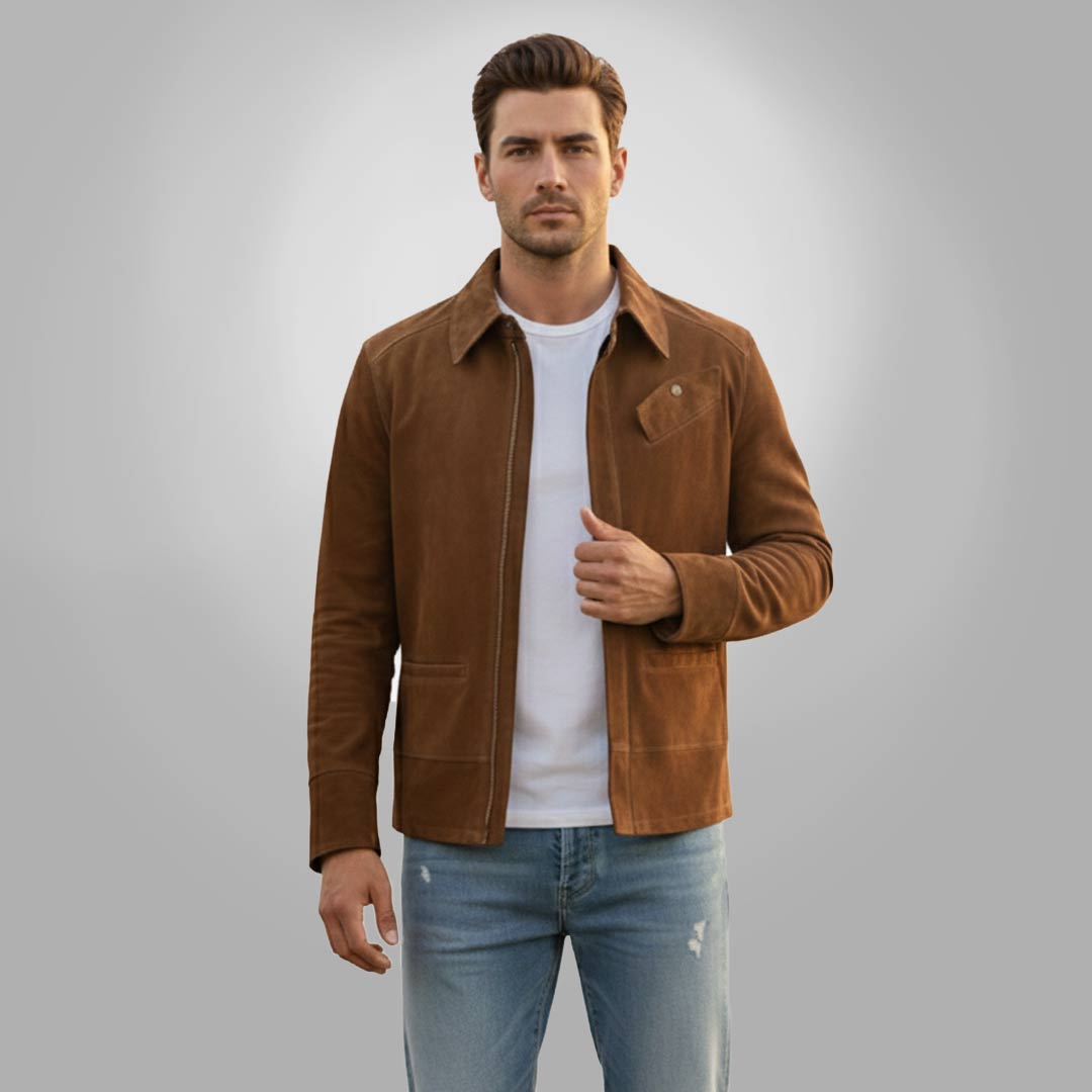 Man wearing an open dark-tan suede jacket with a shirt collar and chest pocket.