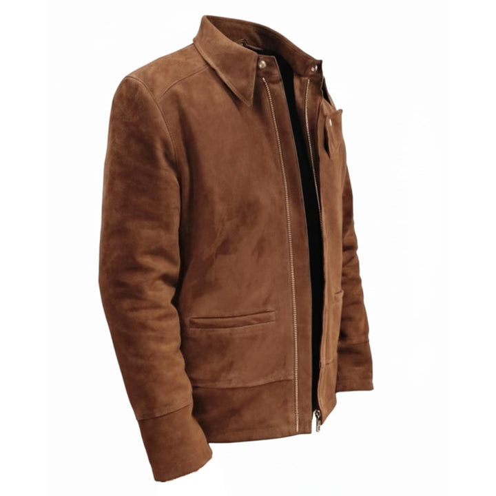 Side view of a dark-tan suede jacket showing the collar and front pockets.