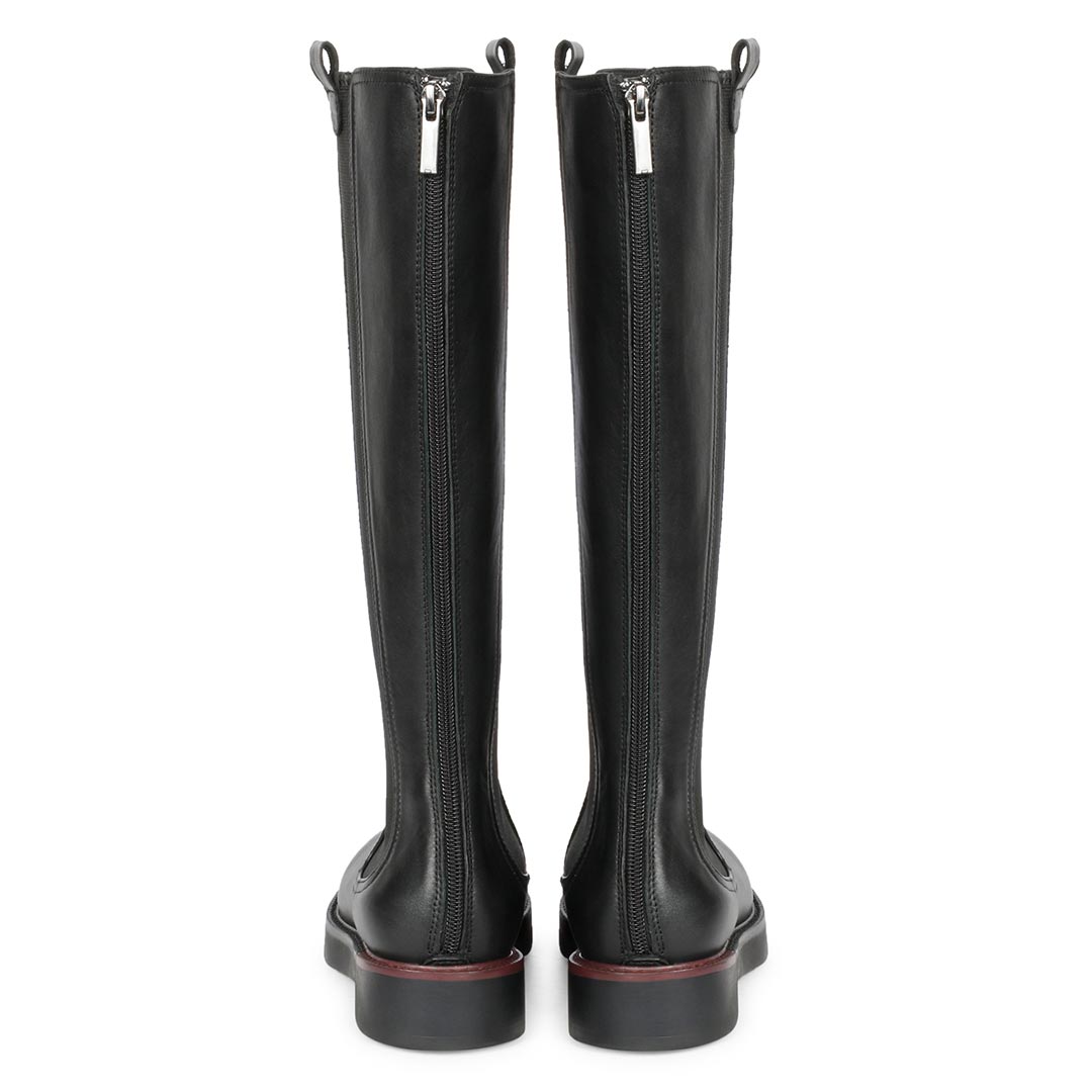 Women's black leather knee high boots, back pair view showing zip closure