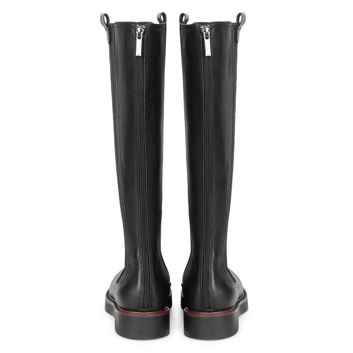 Women's black leather knee high boots, back pair view showing zip closure