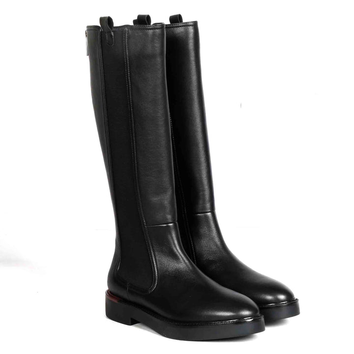 Black leather knee high boots for women UK, pair view showing elasticated back panel