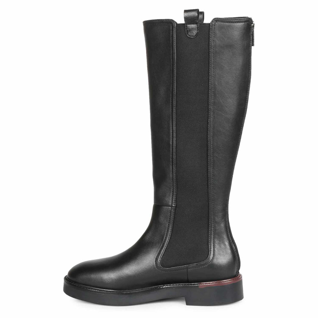 Saint Pietro black knee high boots, alternate side view showing pull tab