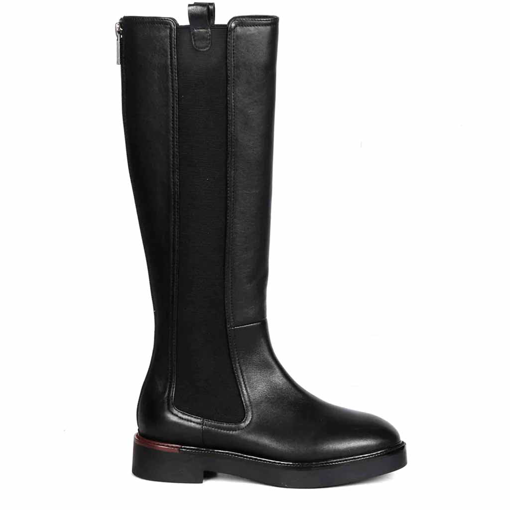 Saint Pietro black leather knee high boots for women, side view of elasticated back zip panel