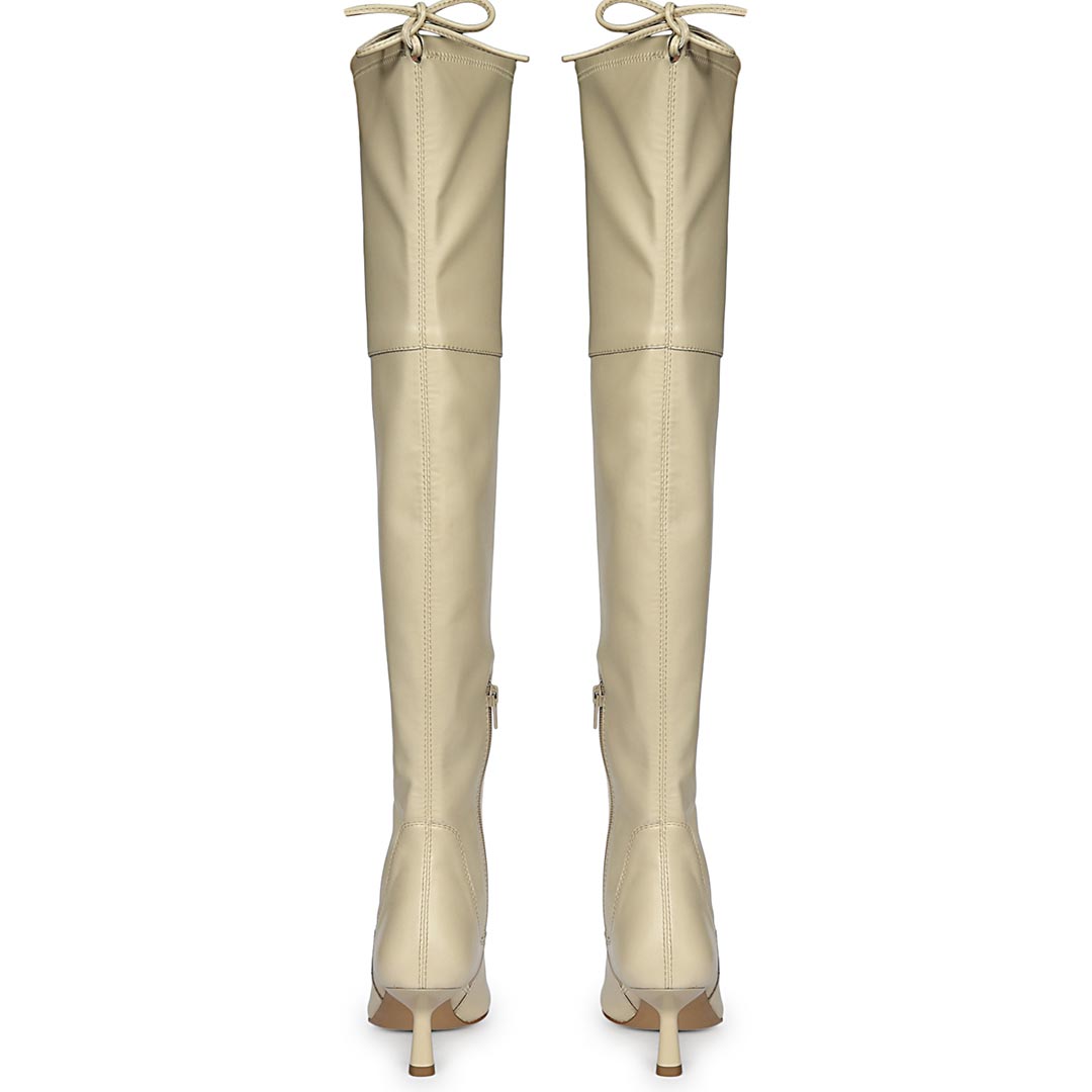 Saint Primrose beige above the knee boots UK, back pair view showing drawstring cuff