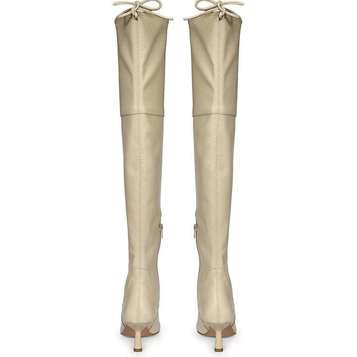 Saint Primrose beige above the knee boots UK, back pair view showing drawstring cuff
