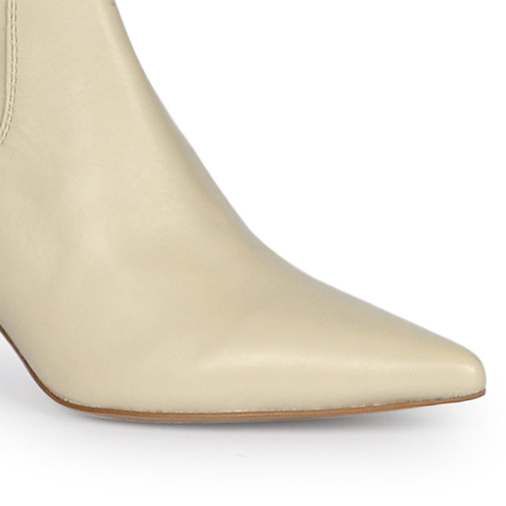 Close-up of pointed toe on Saint Primrose beige above the knee boots UK