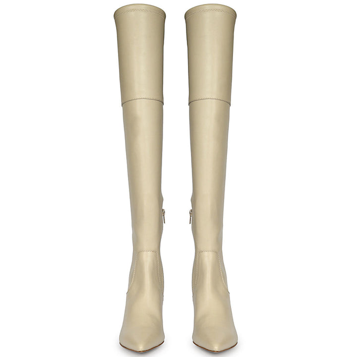Women's beige stretch napa above the knee boots UK, front pair view