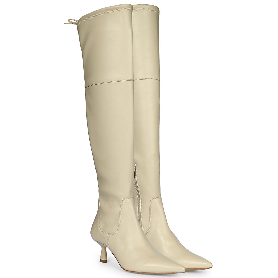 Beige stretch napa above the knee boots for women UK, alternate side view