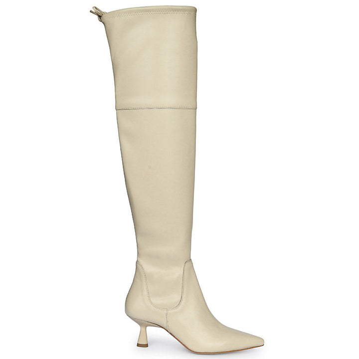 Saint Primrose beige stretch napa above the knee boots for women UK, side view