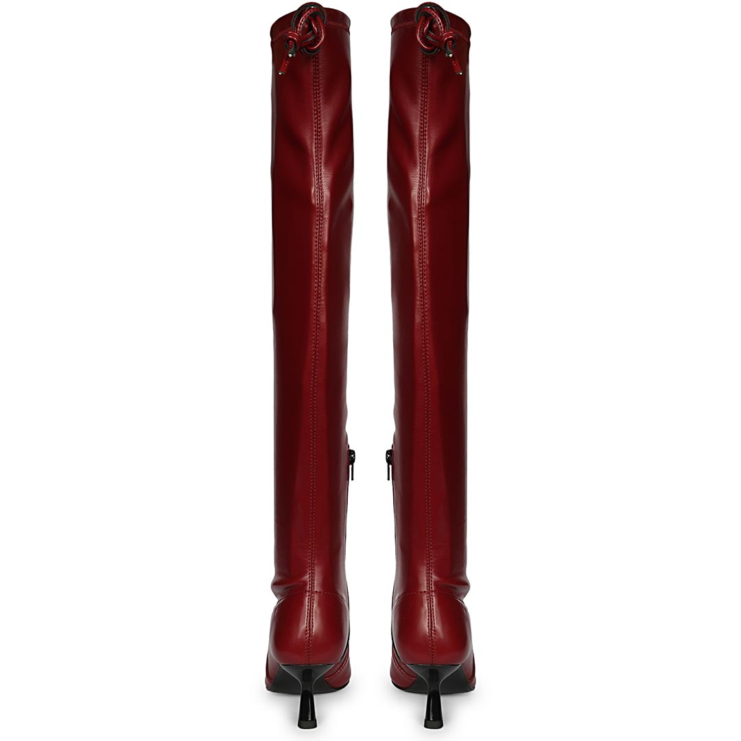 Saint Primrose maroon above the knee boots UK, back pair view showing drawstring cuff