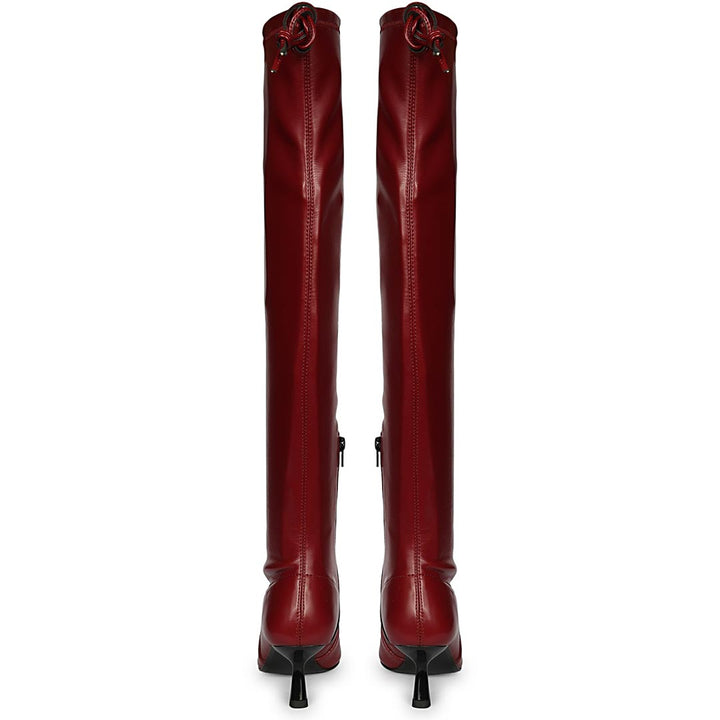 Saint Primrose maroon above the knee boots UK, back pair view showing drawstring cuff
