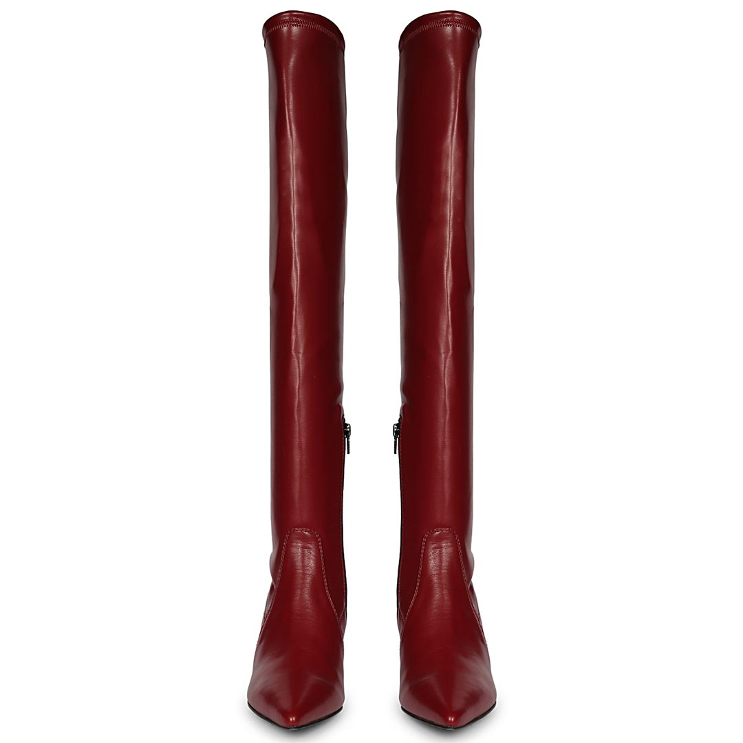Women's maroon above the knee boots UK, front pair view