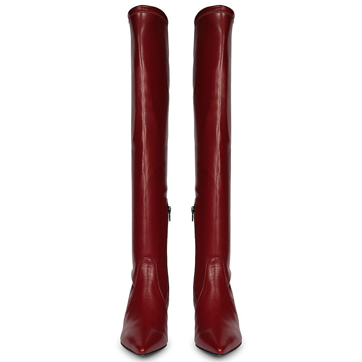Women's maroon above the knee boots UK, front pair view