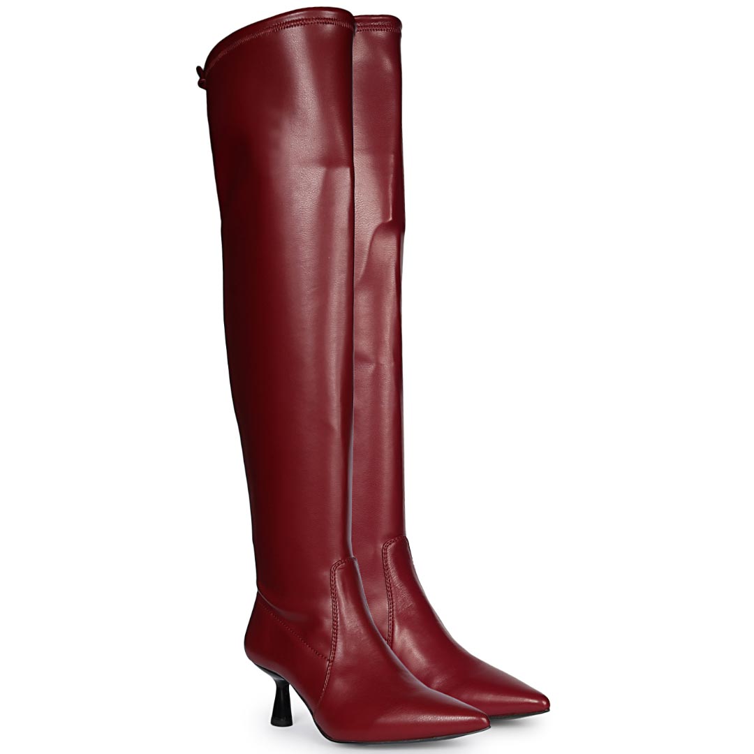 Maroon stretch napa above the knee boots for women UK, alternate side view