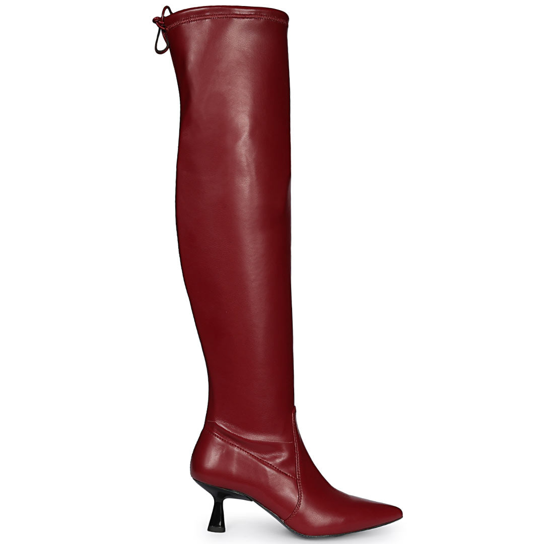 Saint Primrose maroon stretch napa above the knee boots for women UK, side view of drawstring cuff