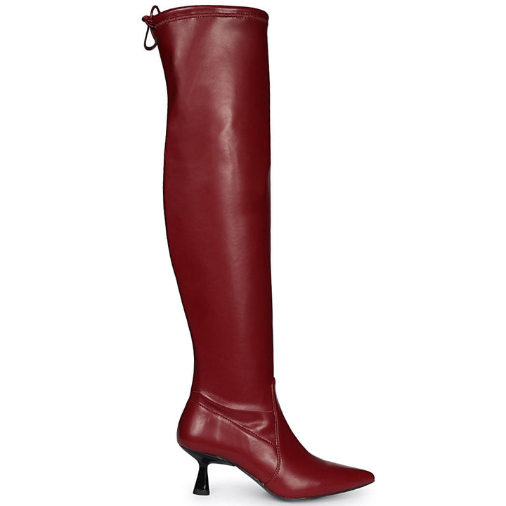 Saint Primrose maroon stretch napa above the knee boots for women UK, side view of drawstring cuff