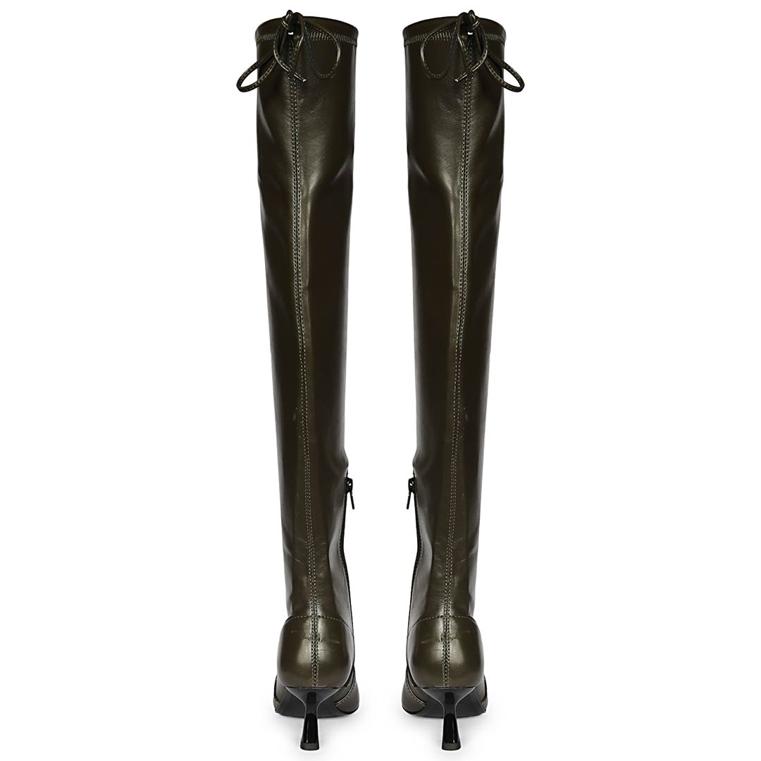Saint Primrose olive above the knee boots UK, back pair view showing drawstring cuff