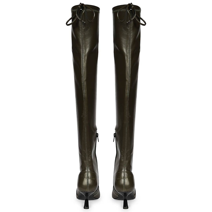 Saint Primrose olive above the knee boots UK, back pair view showing drawstring cuff