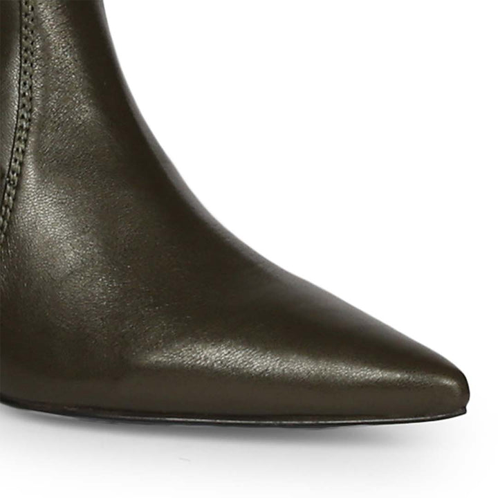 Close-up of toe and kitten heel on Saint Primrose olive above the knee boots UK