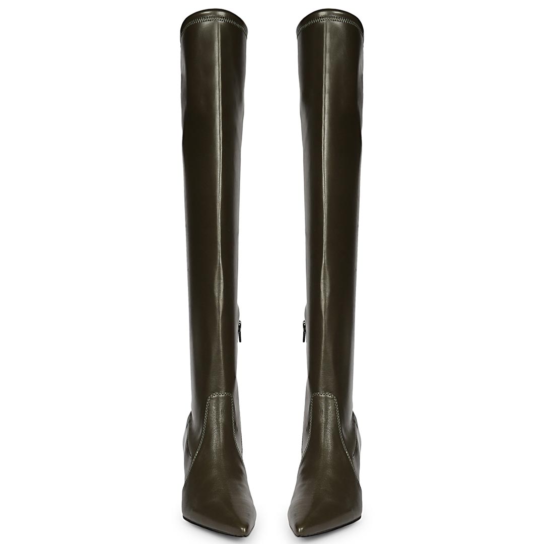 Women's olive stretch napa boots UK, front pair view