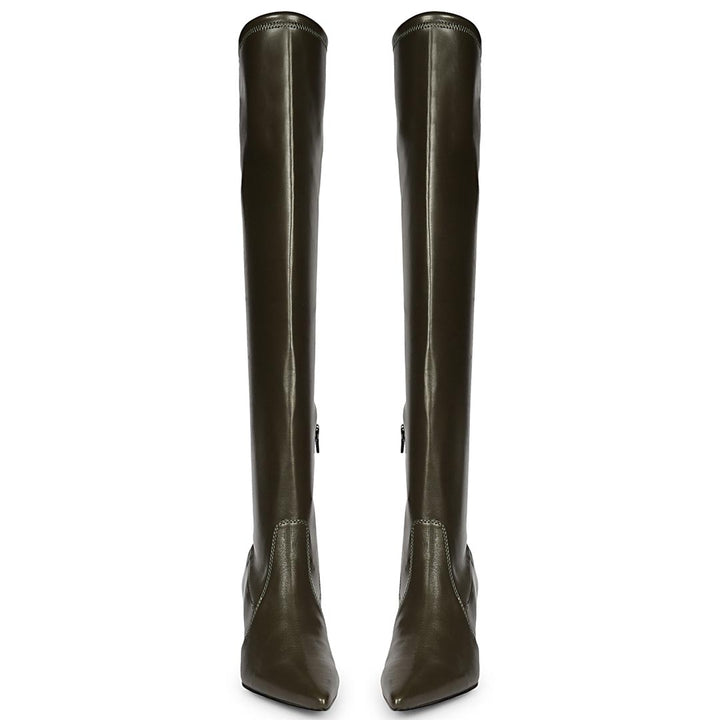 Women's olive stretch napa boots UK, front pair view