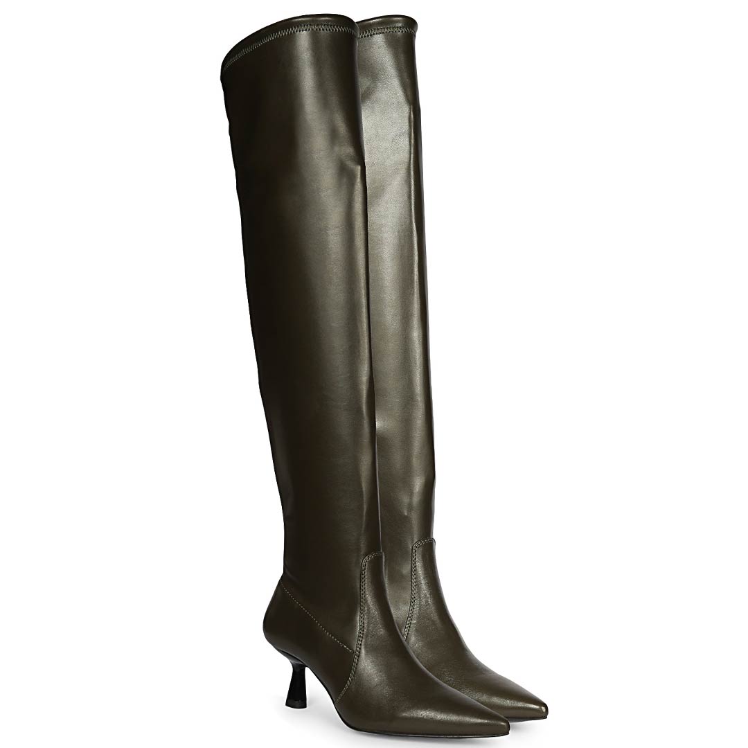 Olive stretch napa above the knee boots for women UK, alternate side view