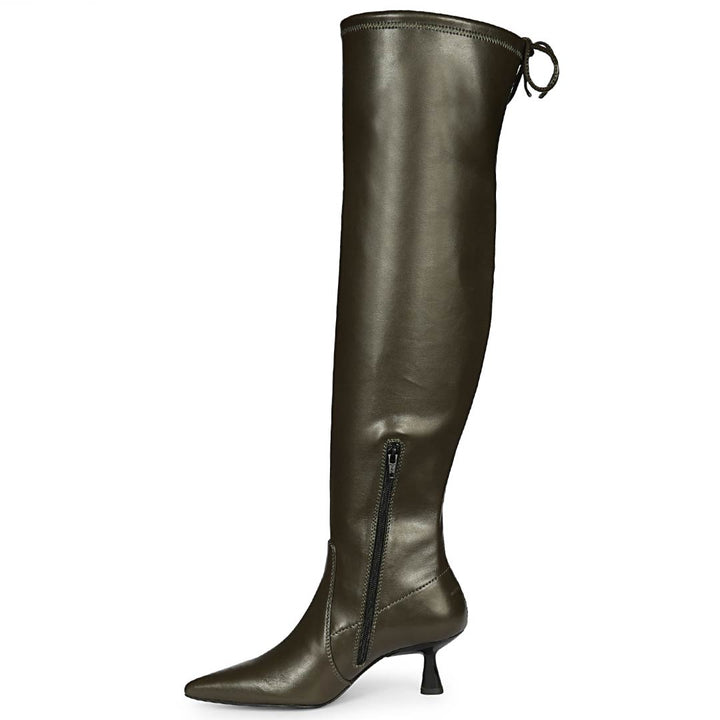 Saint Primrose olive above the knee boots UK, side view showing zip closure