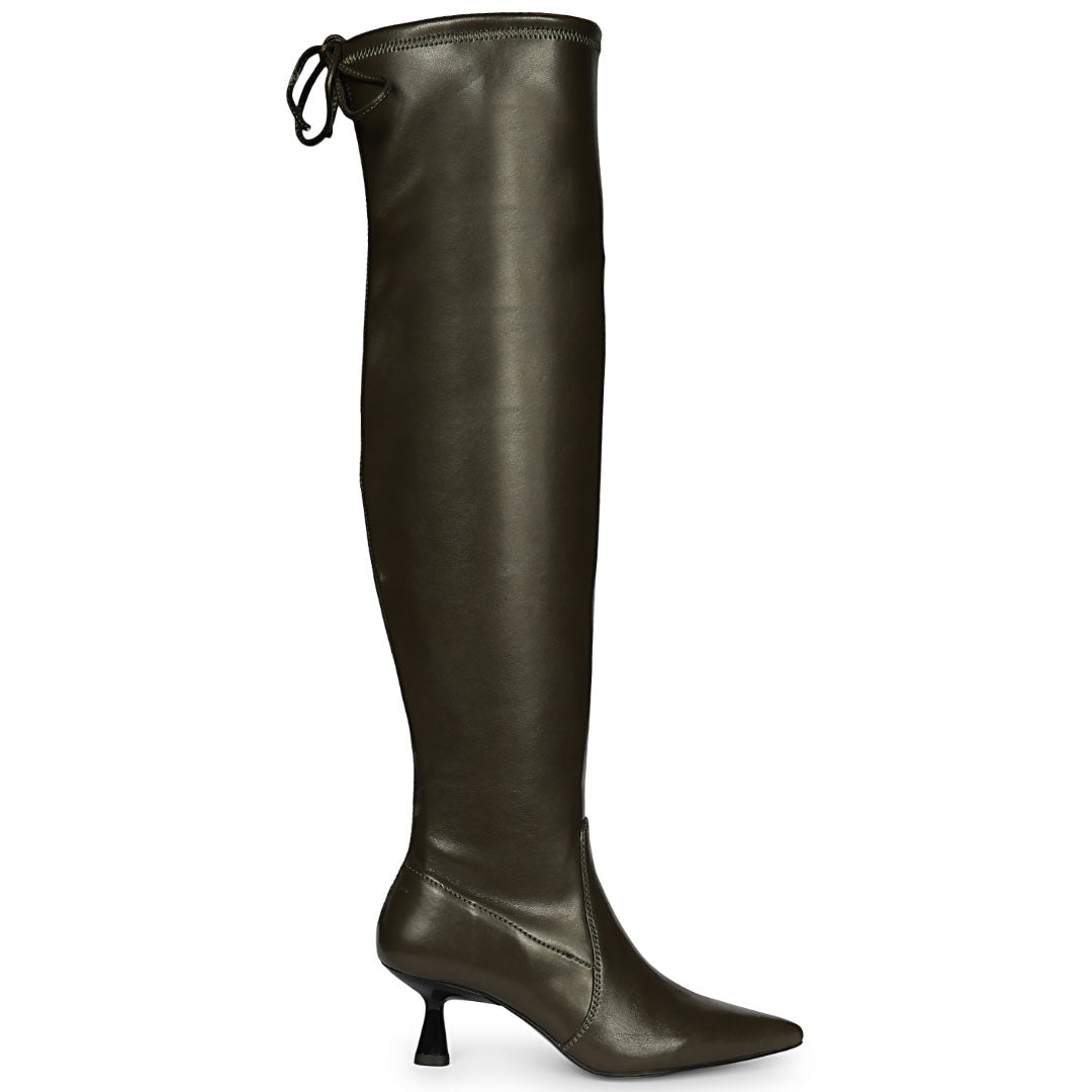 Saint Primrose olive stretch napa above the knee boots for women UK, side view of drawstring cuff