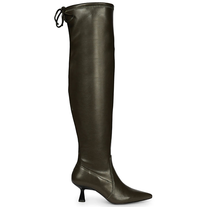 Saint Primrose olive stretch napa above the knee boots for women UK, side view of drawstring cuff