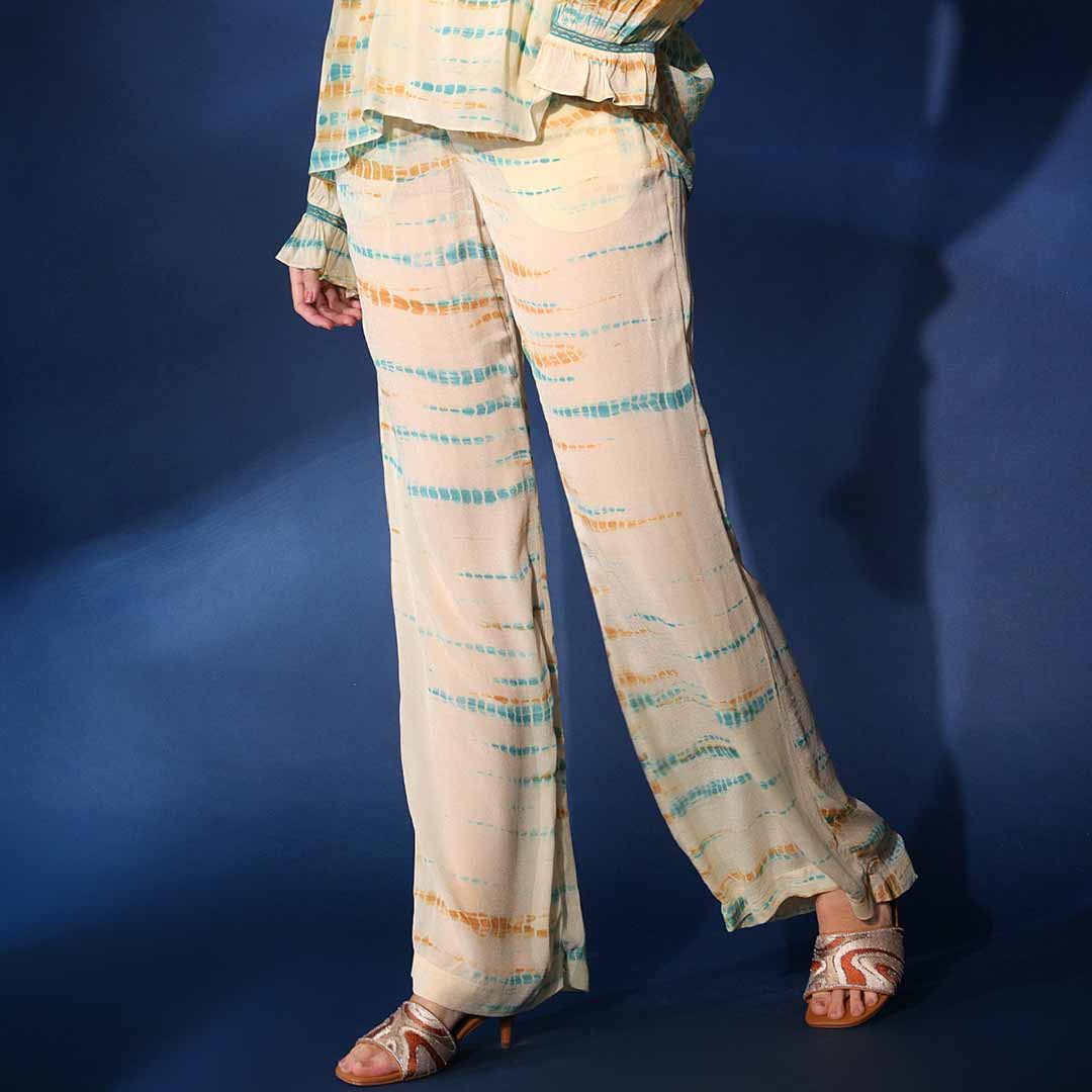 Women's multicolour tie-dye crepe co-ord set by Saint Priscilla, back view.