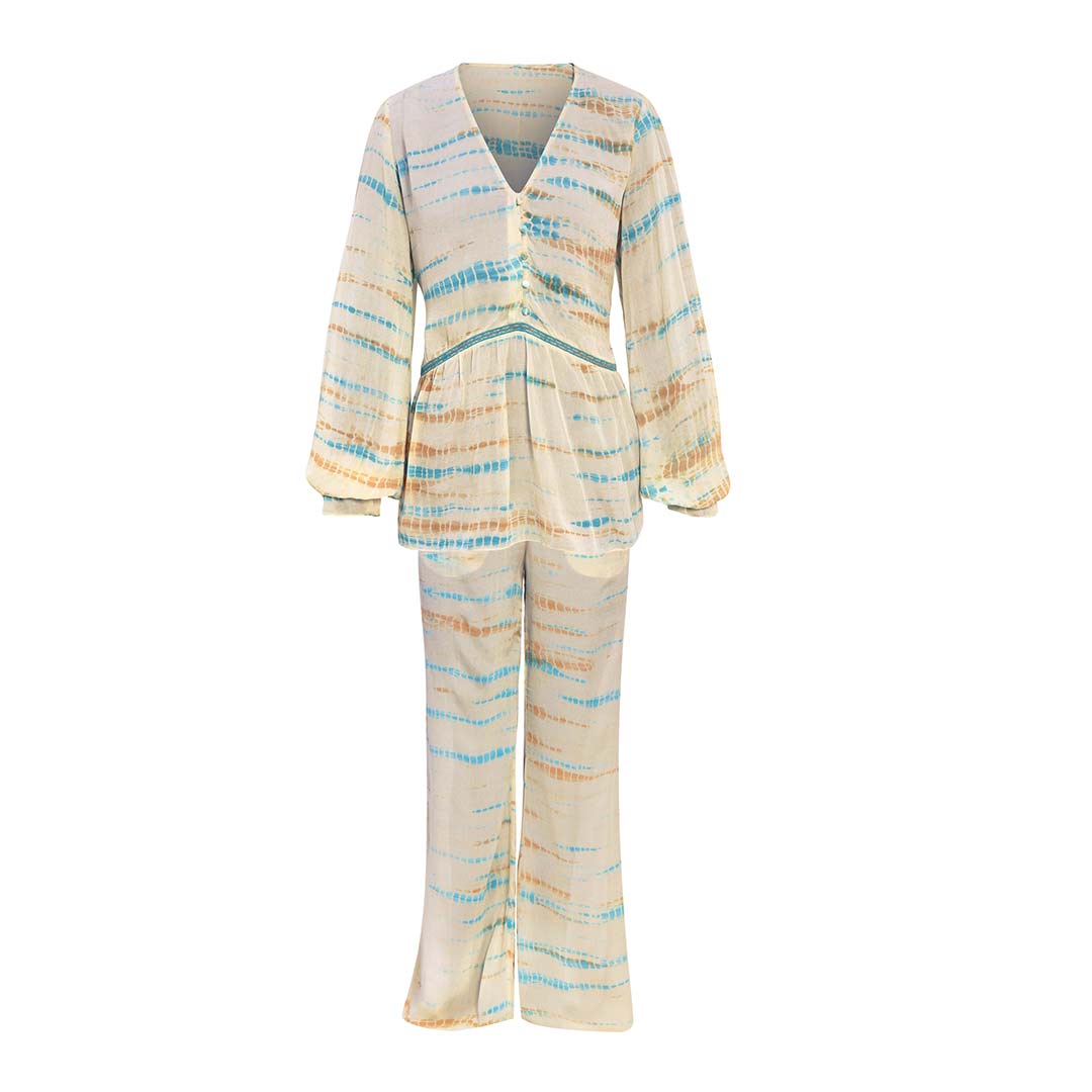 Saint Priscilla multicolour tie-dye crepe co-ord set for women UK, shown flat.