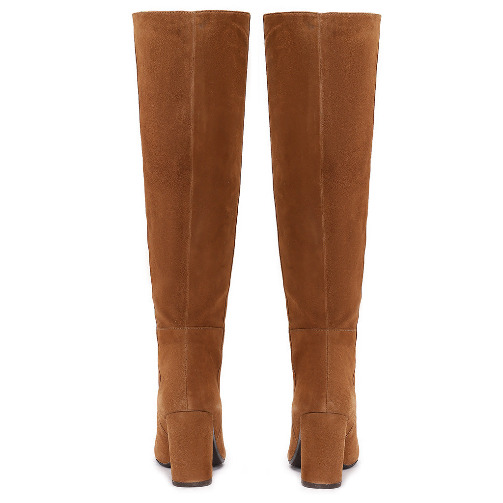 Saint Priscilla tan suede knee high boots, back pair view showing block heel