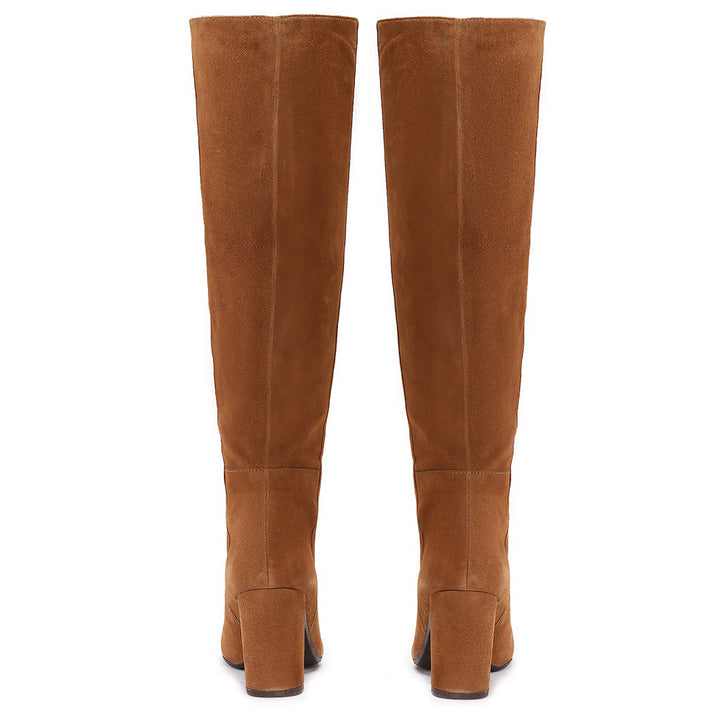 Saint Priscilla tan suede knee high boots, back pair view showing block heel