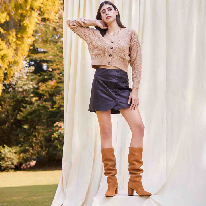 Saint Priscilla tan suede slouch boots, styled editorial lifestyle shot