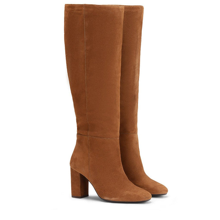 Women's tan suede slouch boots, pair view showing block heel