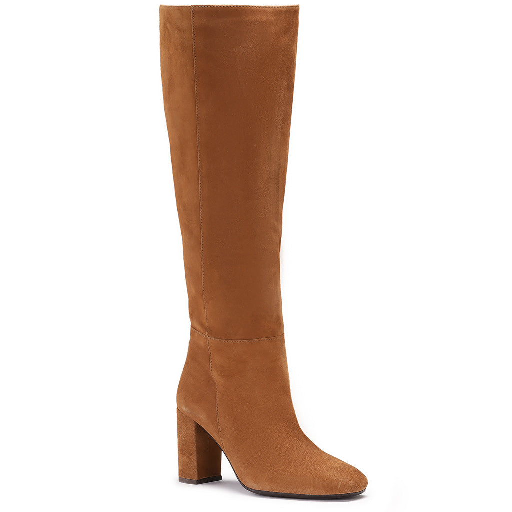 Women's tan suede knee high boots, additional side angle