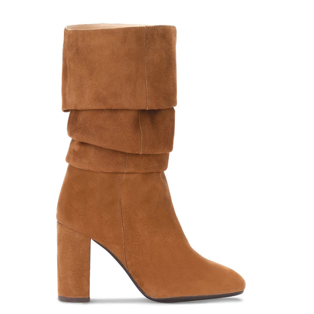 Tan suede knee high boots for women UK, side view showing slouch styling