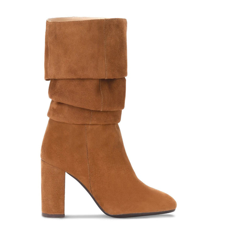 Tan suede knee high boots for women UK, side view showing slouch styling