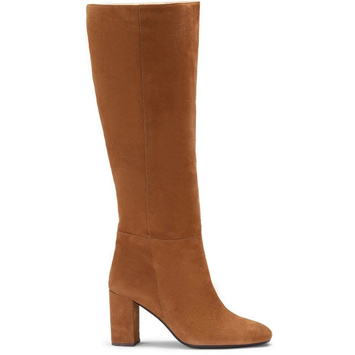 Saint Priscilla tan suede knee high slouch boots for women, smooth side view